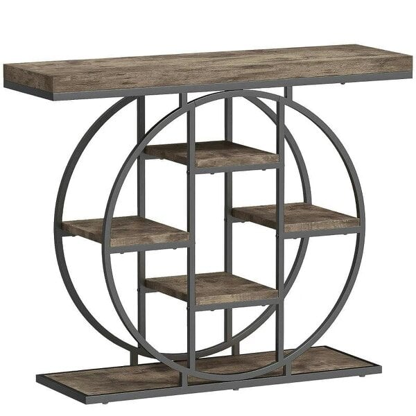 Industrial Console Table with Storage Shelves - Rustic Brown