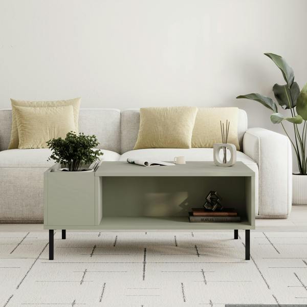 Decortie Modern Coffee Table 100cm with Vertical Planter Shelf & Open Storage Tray Table Black Metal Legs,Living Room, Ash Green