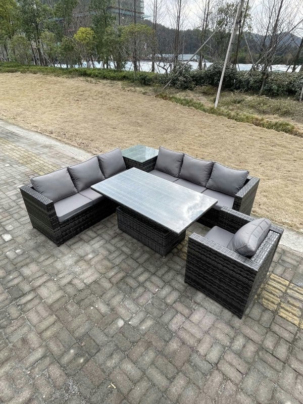Fimous 7 Seater PE Rattan Corner Sofa Set Garden Furniture Rising Adjustable Dining Table Set High Side Coffee Table With Arm Chair