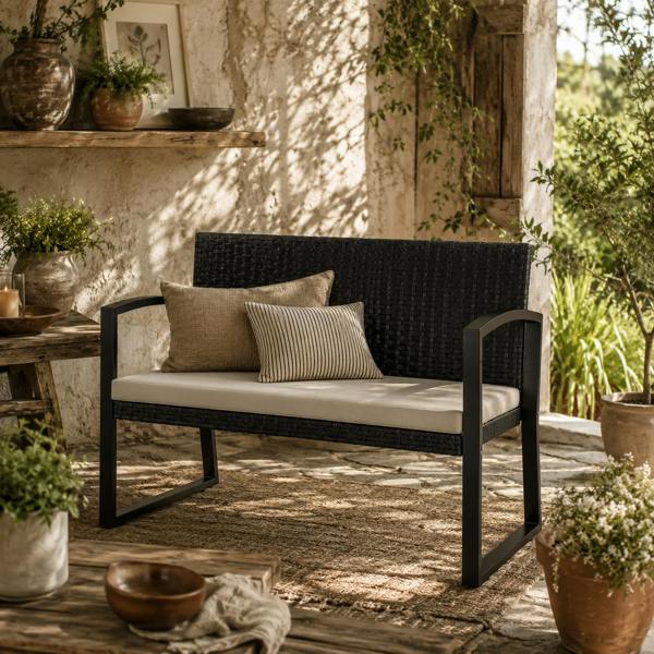 Wyld Haus Lalepa Black Rattan Beige 2 Seater Outdoor Garden Bench