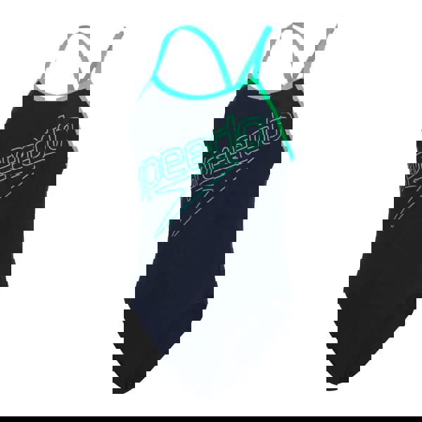 Navy blue Speedo Hyperboom Turnback swimsuit with green accents