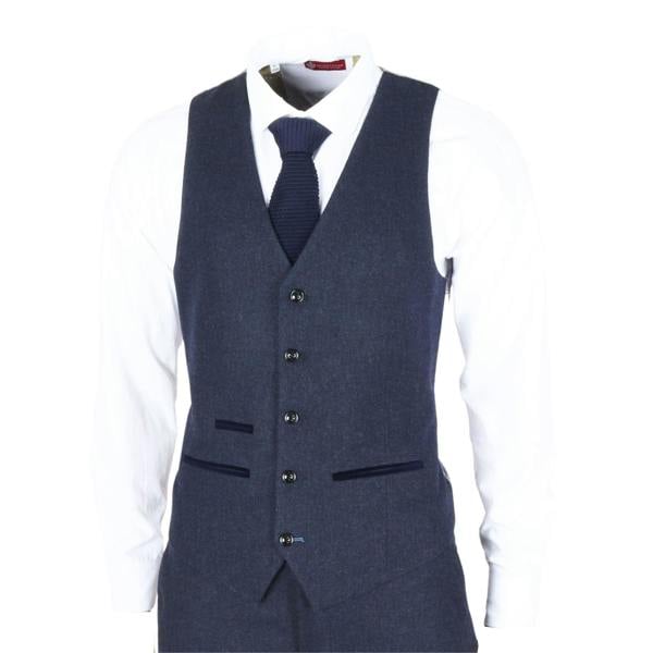 Infinity Leather Men's Navy Blue Wool Blend Tweed Formal Waistcoats