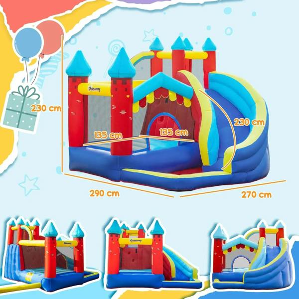 Inflatable kids bouncy castle with slide and climbing wall, shown with size diagram
