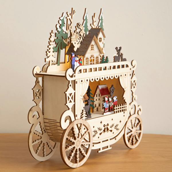 Samuel Alexander 25cm Battery Powered Light Up Wooden Christmas Carriage Village with Warm White LEDs