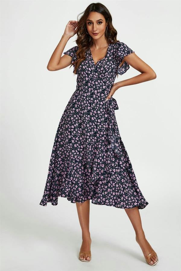 FS Collection Floral Frill Sleeve Midi Wrap Dress In Navy