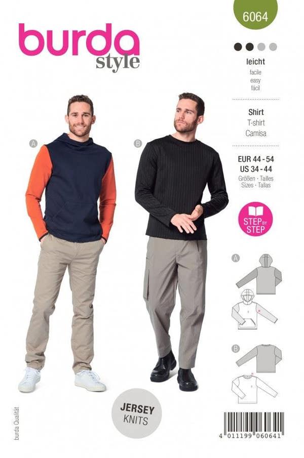Burda Sewing Pattern 6064 Tops, Hoodies and Tracksuits For Men, 34-44 (44-54) - Easy