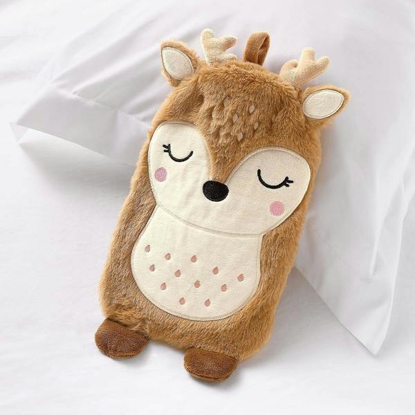 Pia Deer Hot Water Bottle, Tan Faux Fur with Embroidered Detail, 1 Litre