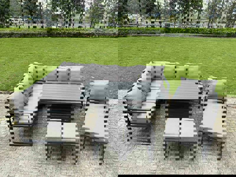Fimous 10 Seater Aluminium Garden Furniture Set with Adjustable Rising Dining Table, Sofa, 3 Footstools, Chair - Dark Grey