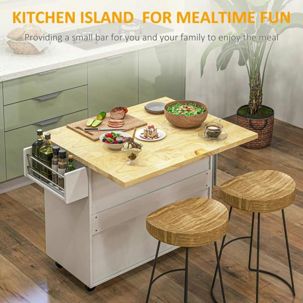 White rolling kitchen island with drop-leaf countertop and three drawers