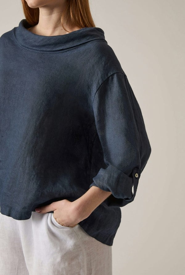 Navy linen top with draped cowl neckline