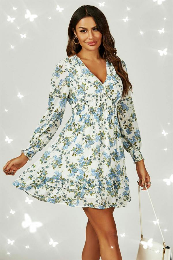 FS Collection Floral Print ruffle Hem long sleeve Mini Dress In White