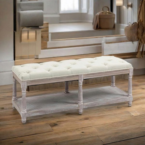 Rafaelo Mobilia Upholstered Wooden Bench Seat With Shelf Cream White