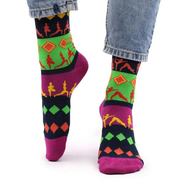 Yoga-themed bamboo socks with colorful silhouettes and purple heel