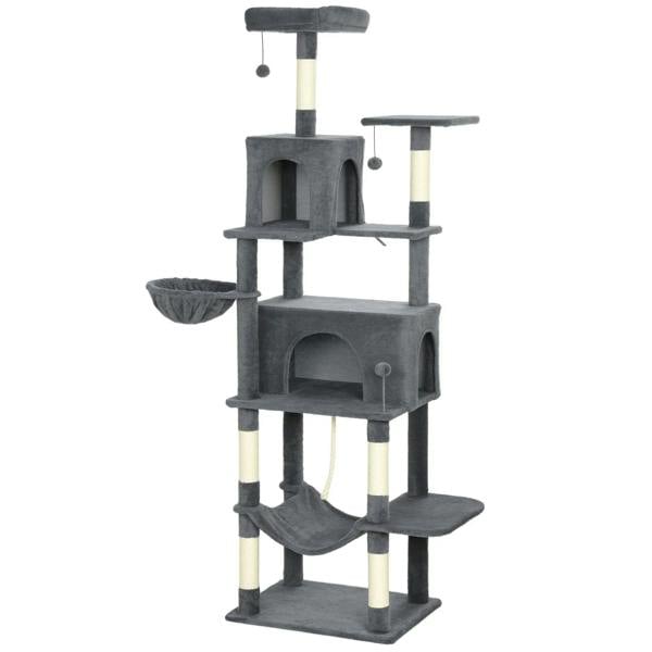 Dark grey cat tree with multiple condos, scratching posts, perches, and hammocks