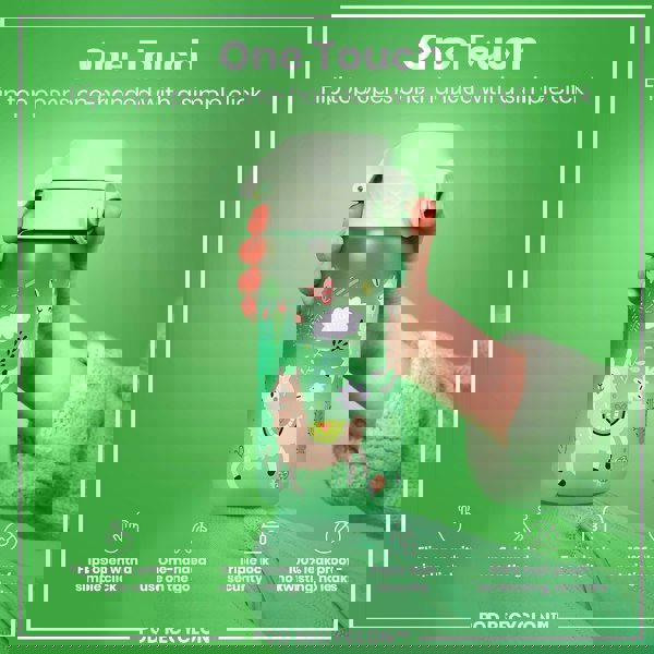 A mint-green water bottle, adorned with llamas, is held; its flip top opens one-handed via a simple click. The bottle features a triple lock security and is 100% leak-proof.