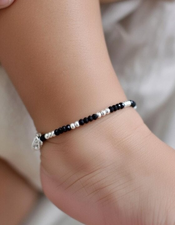 The Colourful Aura Baby/Kids Nazaria Black Beaded Silver Bracelet/Anklet