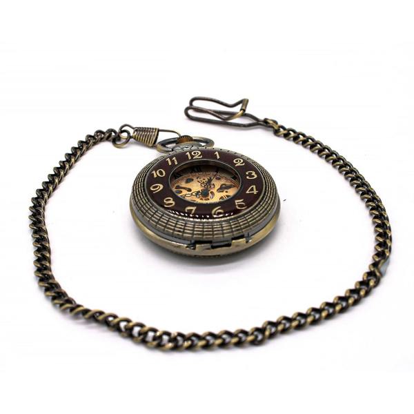 Infinity Leather Antique Gold Wooden Half-Hunter Skeleton Alloy Pocket Watch
