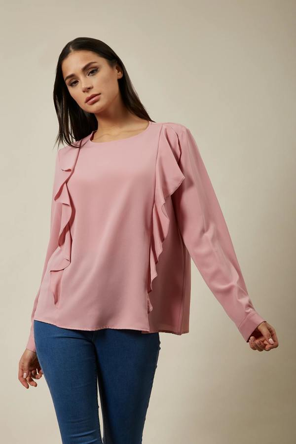 Hoxton Gal Oversized Top Ruffle Front Details In Pink