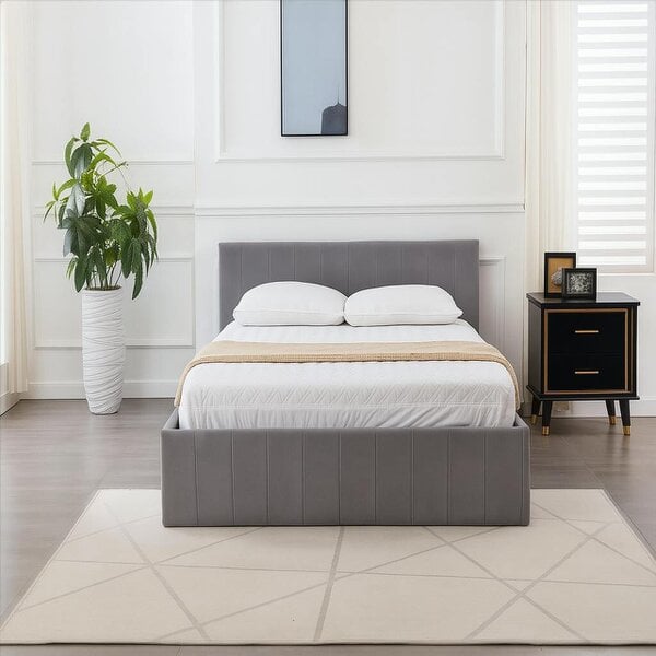 Kosy Koala Ottoman Bed Gas Lift Storage Grey 4ft Small Double and 1 Mattress Line Pattern Velvet Bedroom
