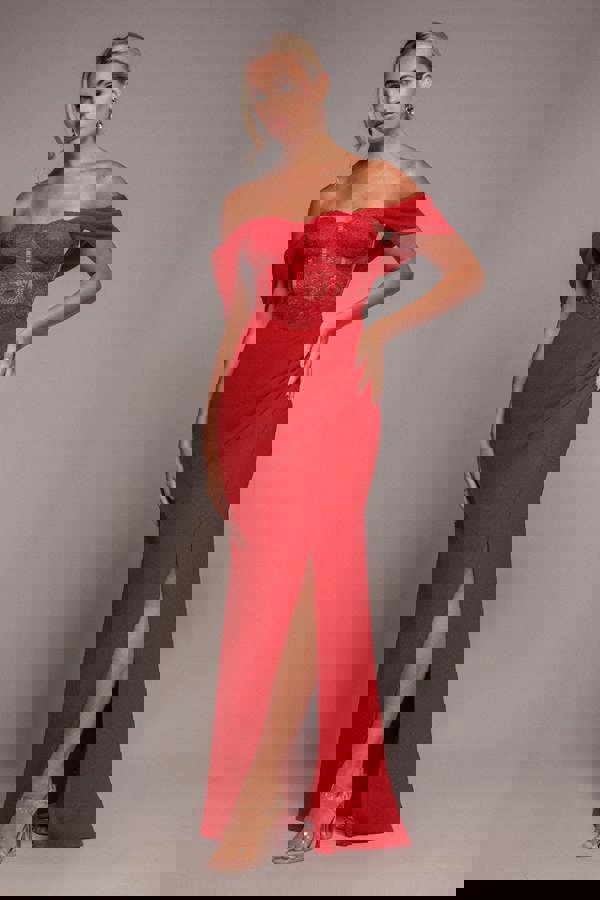 Scalloped Lace & Chiffon Winged Corset Bodice Maxi Dress - Red DR4397