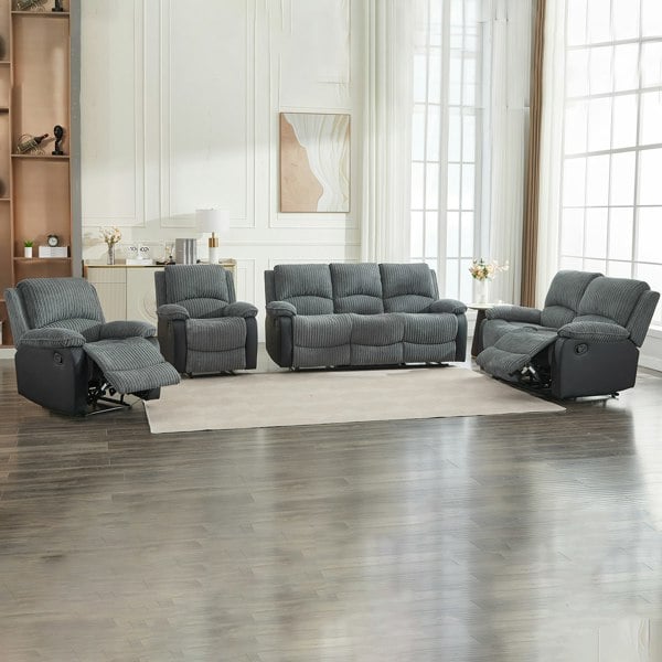 Furniture One Manual Reclining Sofa Set, Corduroy Fabric Recliner Sectional Sofa Suite-Adjustable Backrest and Footrest, Jumbo Cord Fabric Recliner