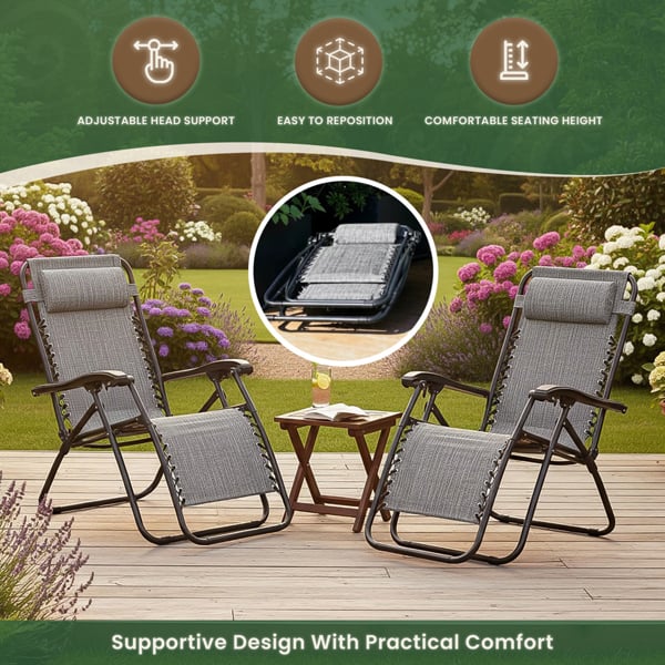 Padded Anti-Gravity Recliner Garden Chairs Grey 2pc