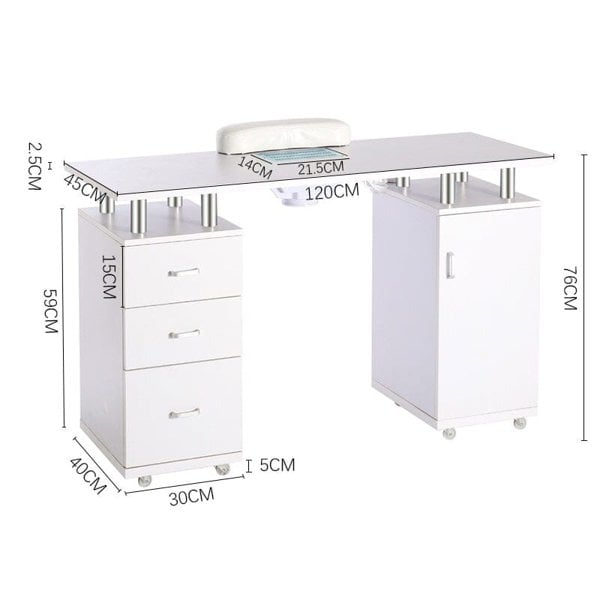 120cm Wide White Professional Manicure Station Nail Table on Wheels with Dust Collector Dressing Tables Living and Home