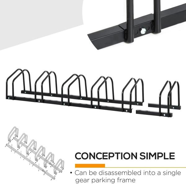 Black bike parking rack end bracket and base with six U-shaped holders