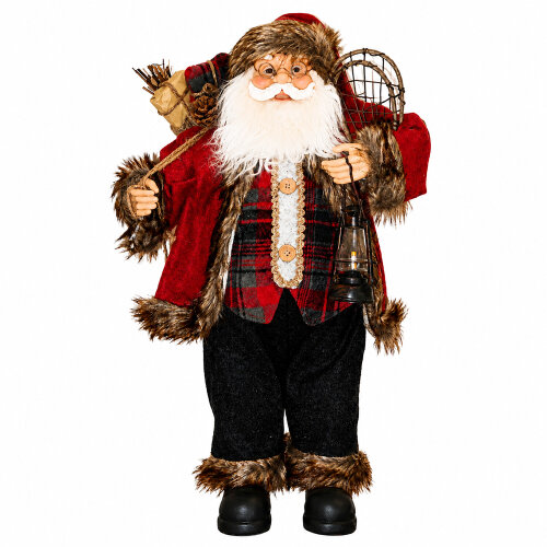 60cm Rustic Father Christmas Figure with Sack of Presents, Snow Shoes and Lantern, Free-Standing Indoor Santa Decoration with Fabric Clothing