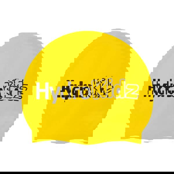 Yellow HydroKidz swim cap with black text and high quality silicone