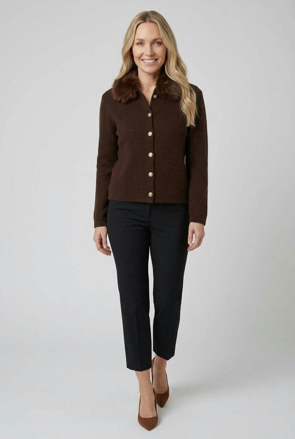 Izabel London Faux Fur Trim Collared Cardigan