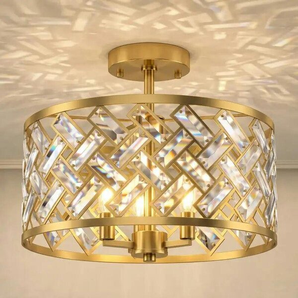 3-Light Crystal Glass Ceiling Light, Modern Ceiling Lamp w/ 3 E14 Sockets for Living Room, Bulb Not Included, Gold Tone - Gold Tone