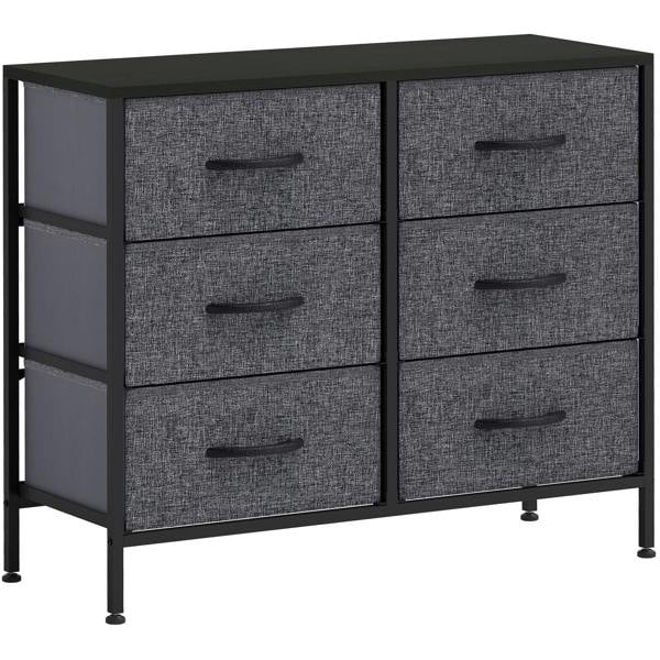 Industrial fabric chest of drawers with six grey fabric drawers, black metal frame, dark top.