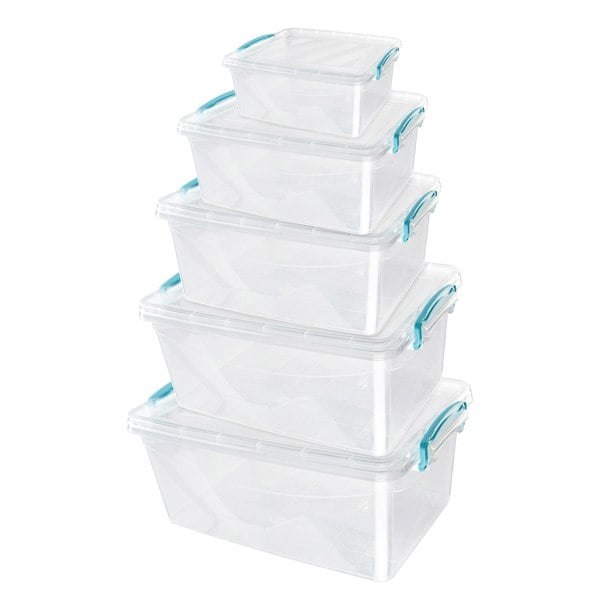 JVL Plastic Clip Lidded Food Storage Box, Stackable & Nestable, Set of 5, 1.6L, 3L, 5L, 8.5L, 13.5L