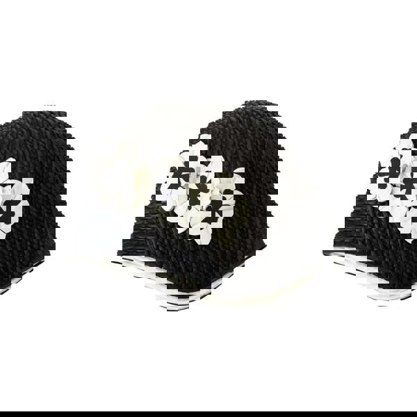 Black woven straw flower bubble swim cap with white blooms