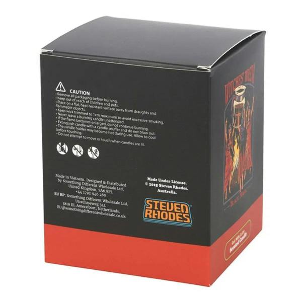 Black and red candle gift box with caution text and Witches' Brew artwork