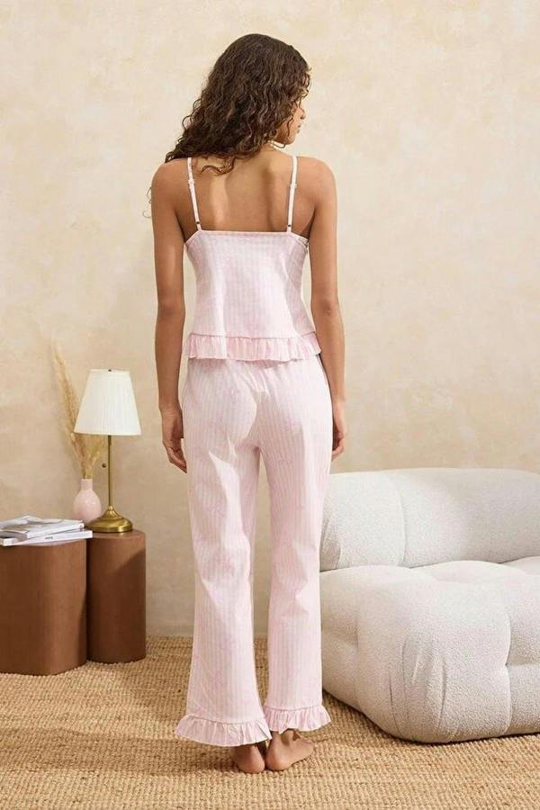 WOVCOR 2-Piece 100% Cotton Striped and Ribboned Ruffled Knitted Pajama Set