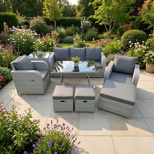 Fimous 8 Seater Garden Furniture Set with 2 Reclining Chairs, 3 Seat Sofa, Rectangular Dining Table, Side Table & 3 Footstools - Light Grey