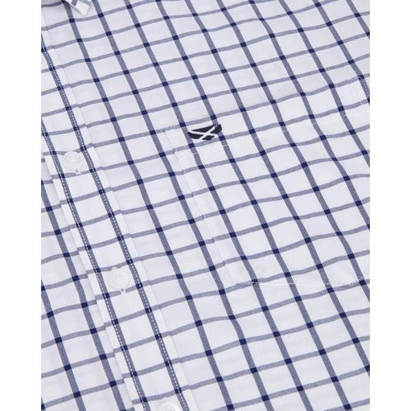 Close-up of Hoggs of Fife Fernie bamboo shirt in blue country check with chest pocket, ideal for farmers and countryside wear