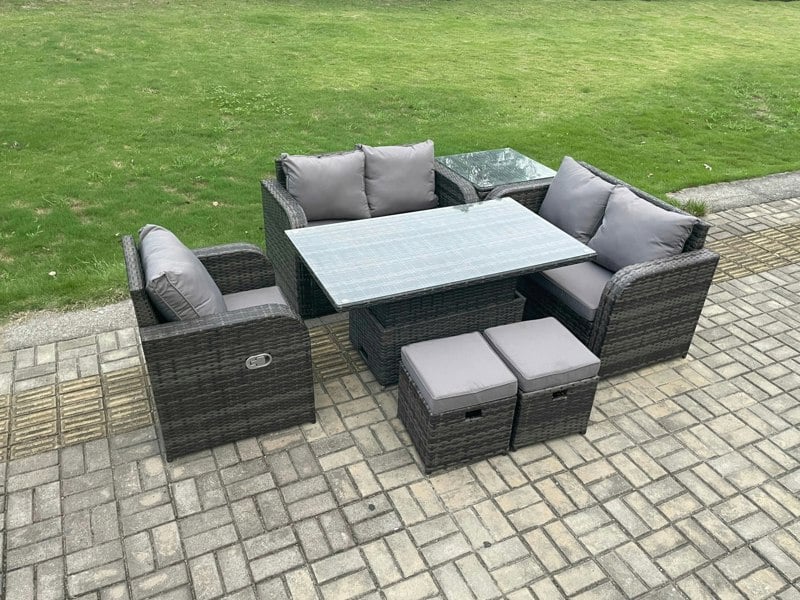 Fimous 7 Seater Rattan Furniture Garden Dining Set Outdoor Height Adjustable Rising lifting Table Love Sofa Chair With Side Table 2 Footstools