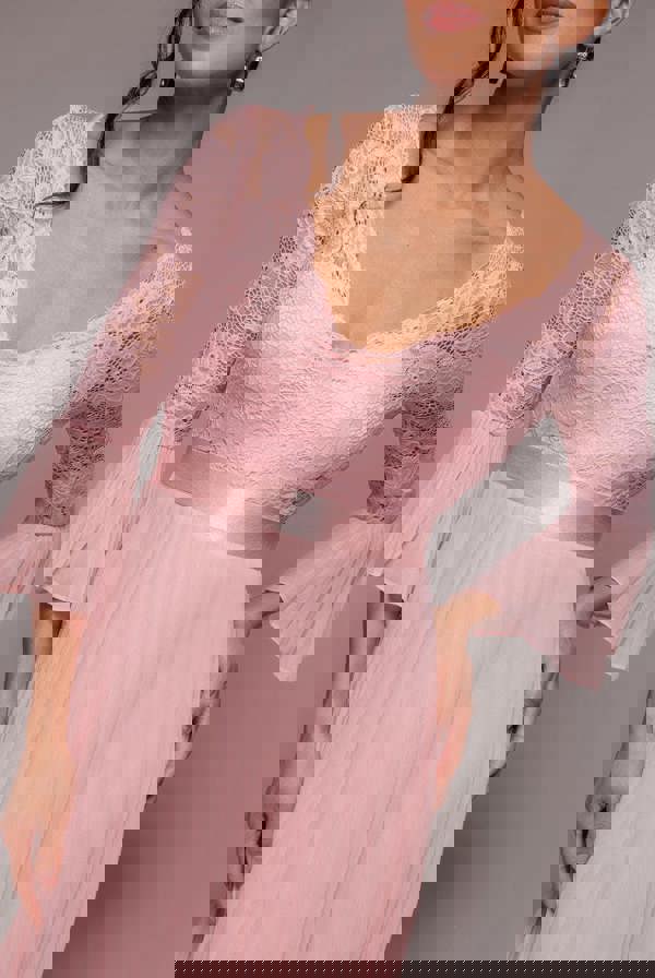 Scalloped Lace Bodice Pleated Chiffon A Line Maxi Dress - Blush Pink DR4390