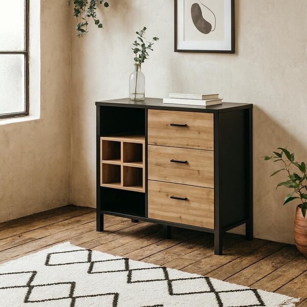 Wyld Haus Yokohama Black and Natural Oak Wood 3 Drawer Display Chest Bar Cabinet