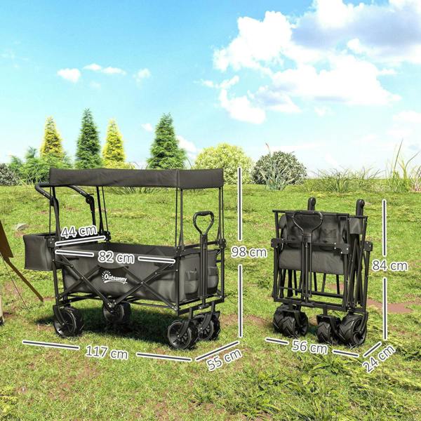 Black folding wagon cart with overhead canopy and side compartments, 4 large wheels