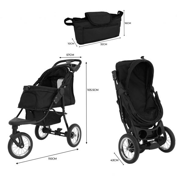 Black pet jogger with spacious seating, sturdy wheels, and a collapsible design, featuring a removable storage bag for convenience