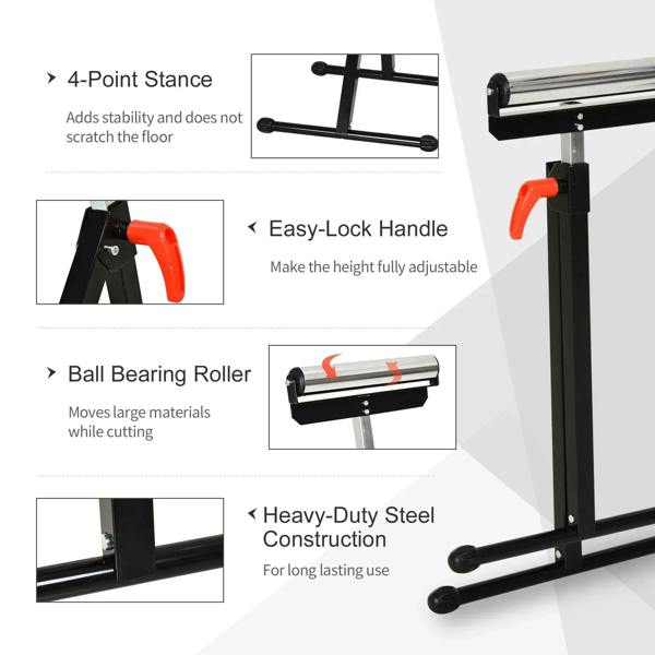 Black roller stand with ball bearing roller, steel base, and foldable legs