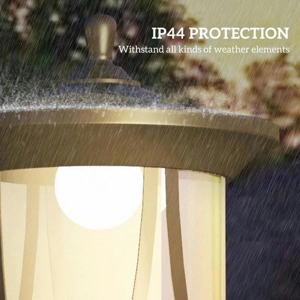 Black outdoor solar lamp post lantern with frosted glass under rain