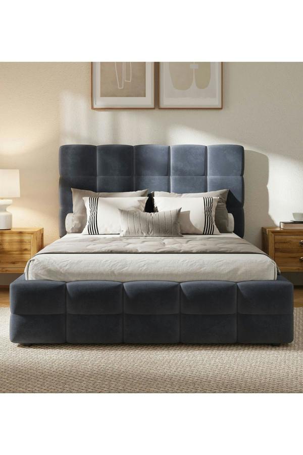 Groundlevel Maison Velvet Upholstered Bed Frame - Grey