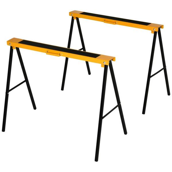Two orange top-bar sawhorse stands with black legs, folded-ready for transport.