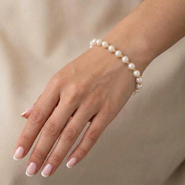 The Colourful Aura White Pearl Beaded Bracelet with Gold Screw Lock Clasp