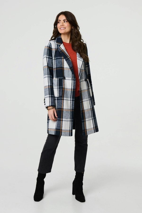 Navy | Checked Double Breasted Trench Coat
